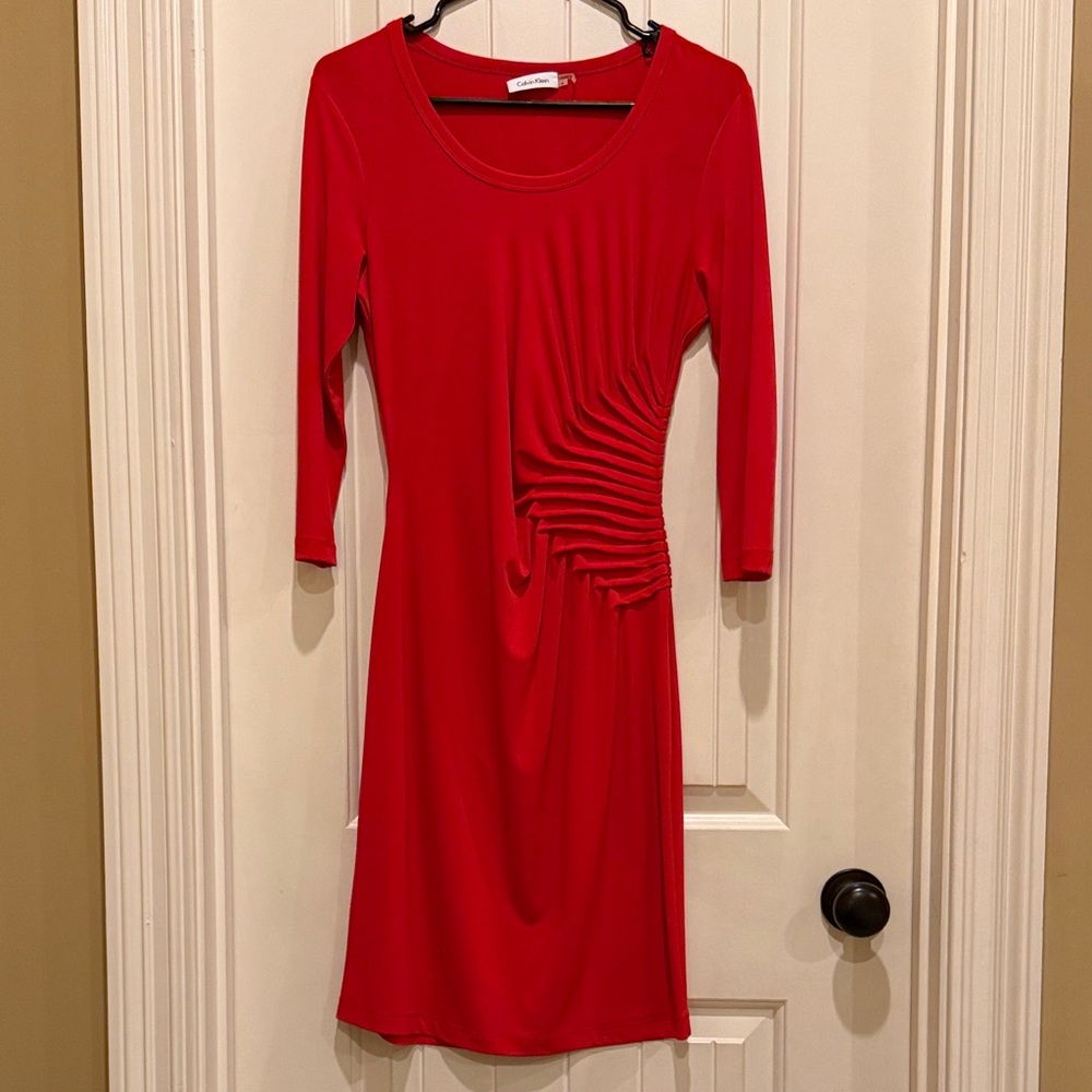 Calvin Klein Scarlet Ruched Long Sleeve Cocktail Dress